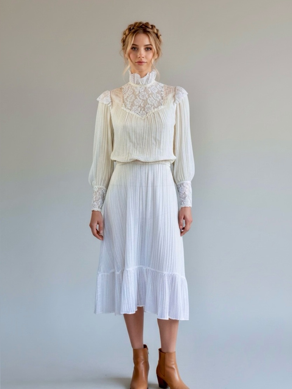 Vintage Romantic Victorian Revival Prairie Lace Crinkle Cotton Dress | S
